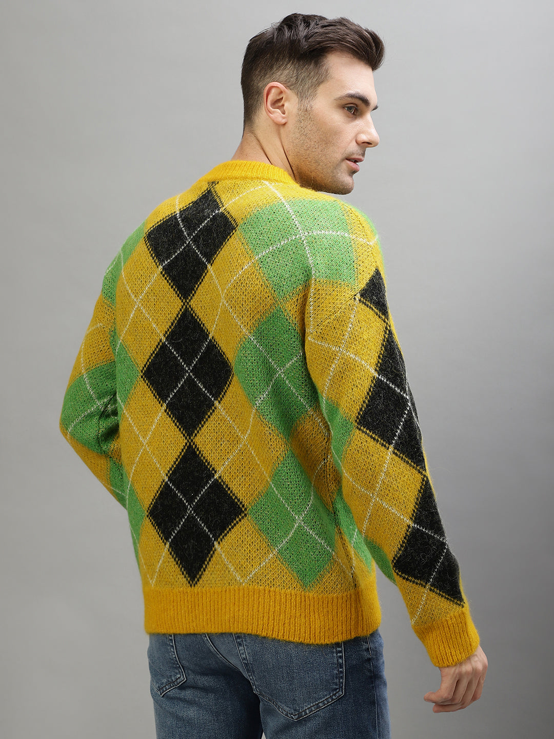 Gant Men Yellow Checked Round Neck Full Sleeves Sweater