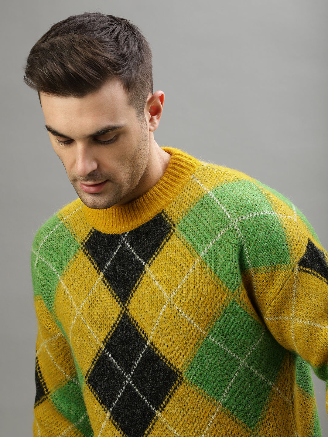 Gant Men Yellow Checked Round Neck Full Sleeves Sweater