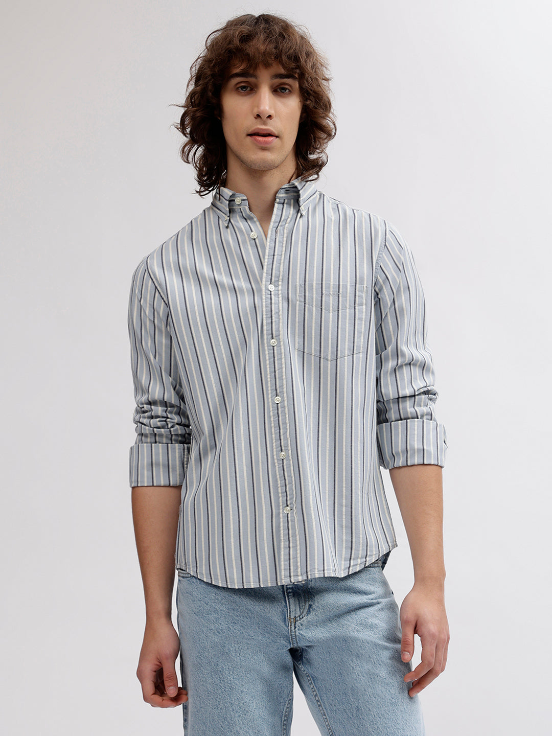 Gant Men Blue Striped Button Down Collar Full Sleeves Shirt