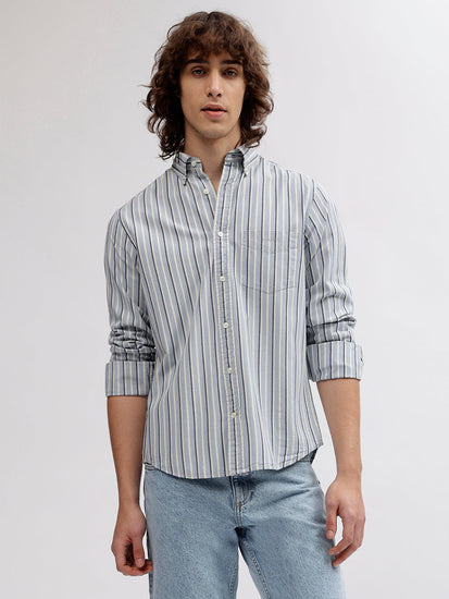 Gant Men Blue Striped Button Down Collar Full Sleeves Shirt