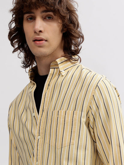 Gant Men Yellow Striped Button Down Collar Full Sleeves Shirt