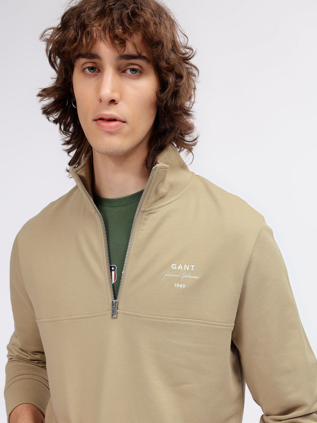 Shop Gant Men Khaki Solid High Neck Long Sleeves Sweatshirt GANT