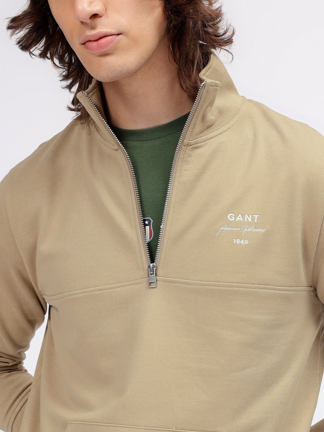 Gant Men Khaki Solid High Neck Long Sleeves Sweatshirt