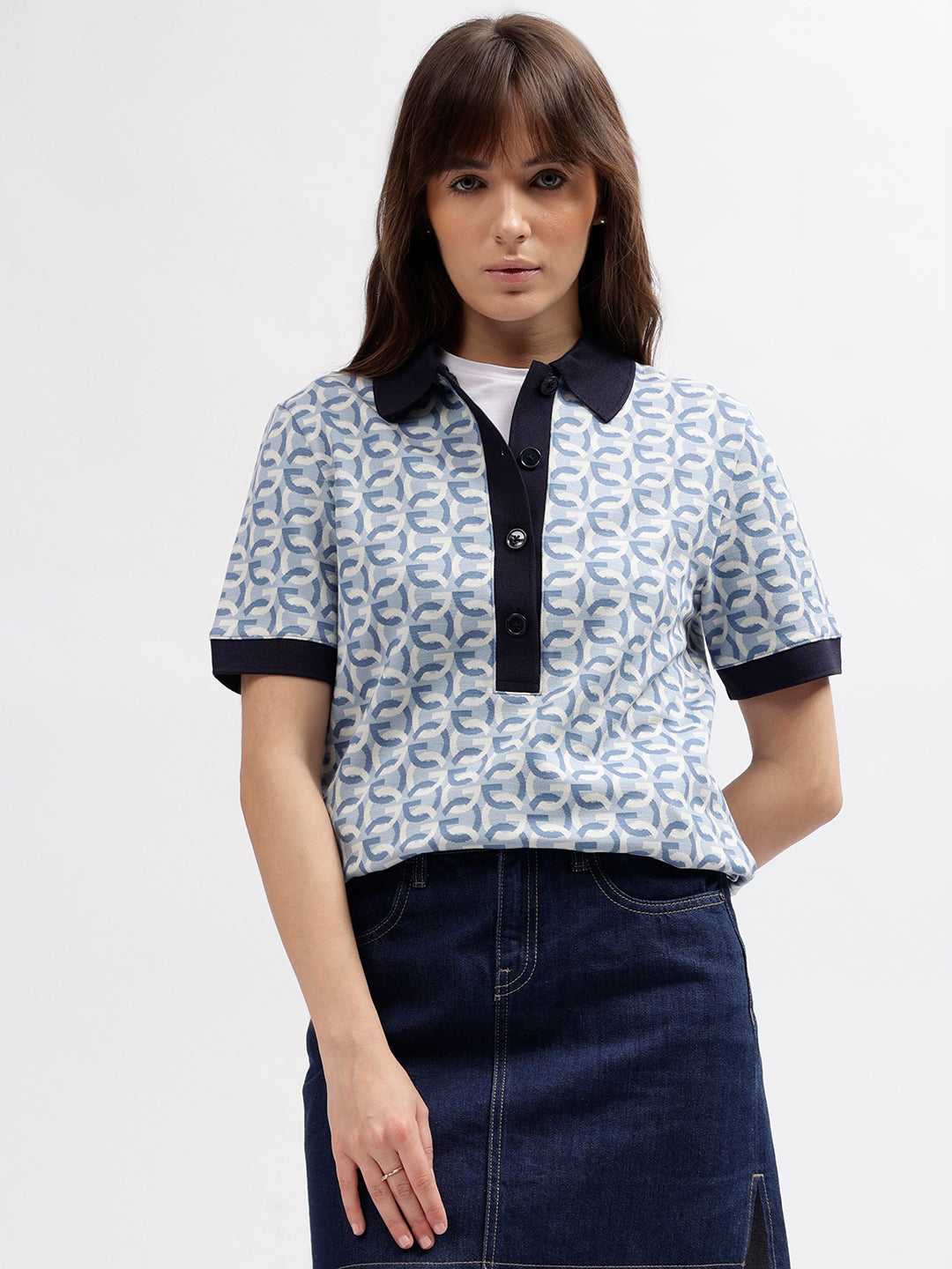 Gant Women Blue Printed Polo Collar Short Sleeves T-shirt