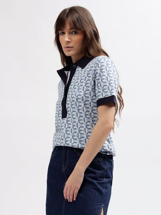 Gant Women Blue Printed Polo Collar Short Sleeves T-shirt