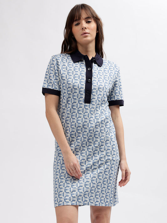 Gant Women Blue Printed Polo Collar Short Sleeves Dress