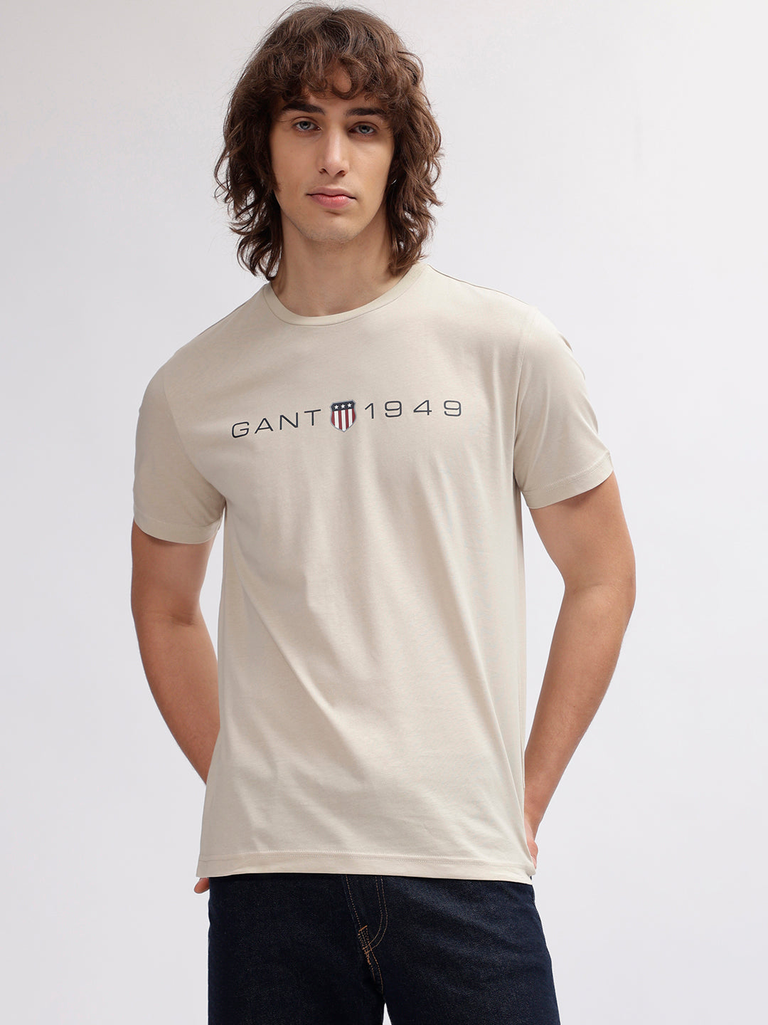 Gant Men Beige Solid Round Neck Short Sleeves T-shirt