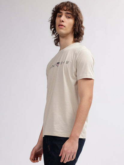 Gant Men Beige Solid Round Neck Short Sleeves T-shirt