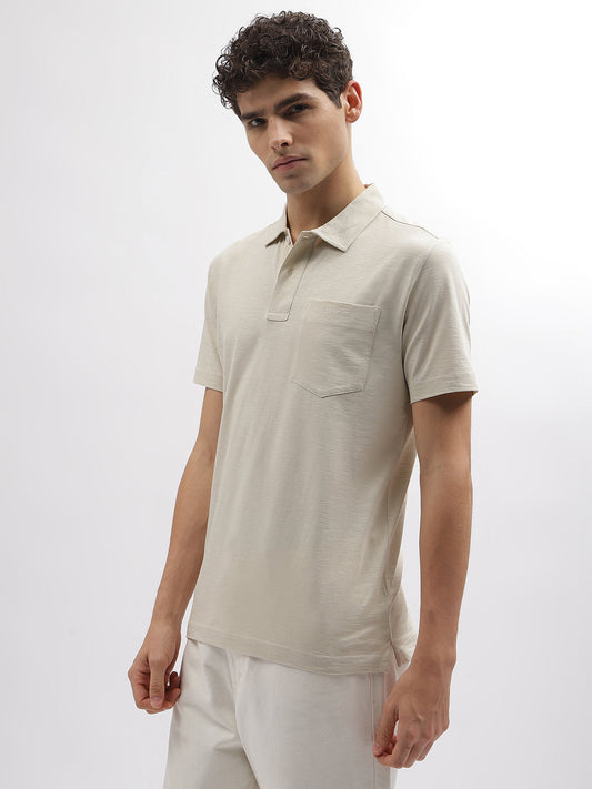 Gant Men Beige Striped Polo Collar Full Sleeves T-Shirt