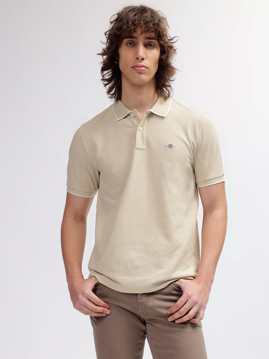 Gant Men Beige Solid Polo Collar Short Sleeves T-shirt