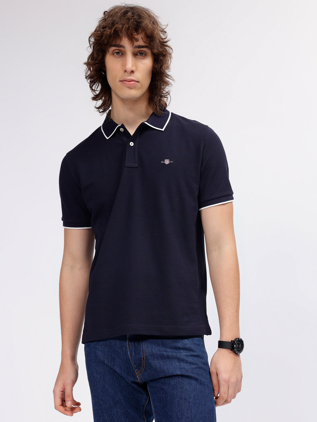 Gant Men Navy Blue Solid Polo Collar Short Sleeves T-shirt