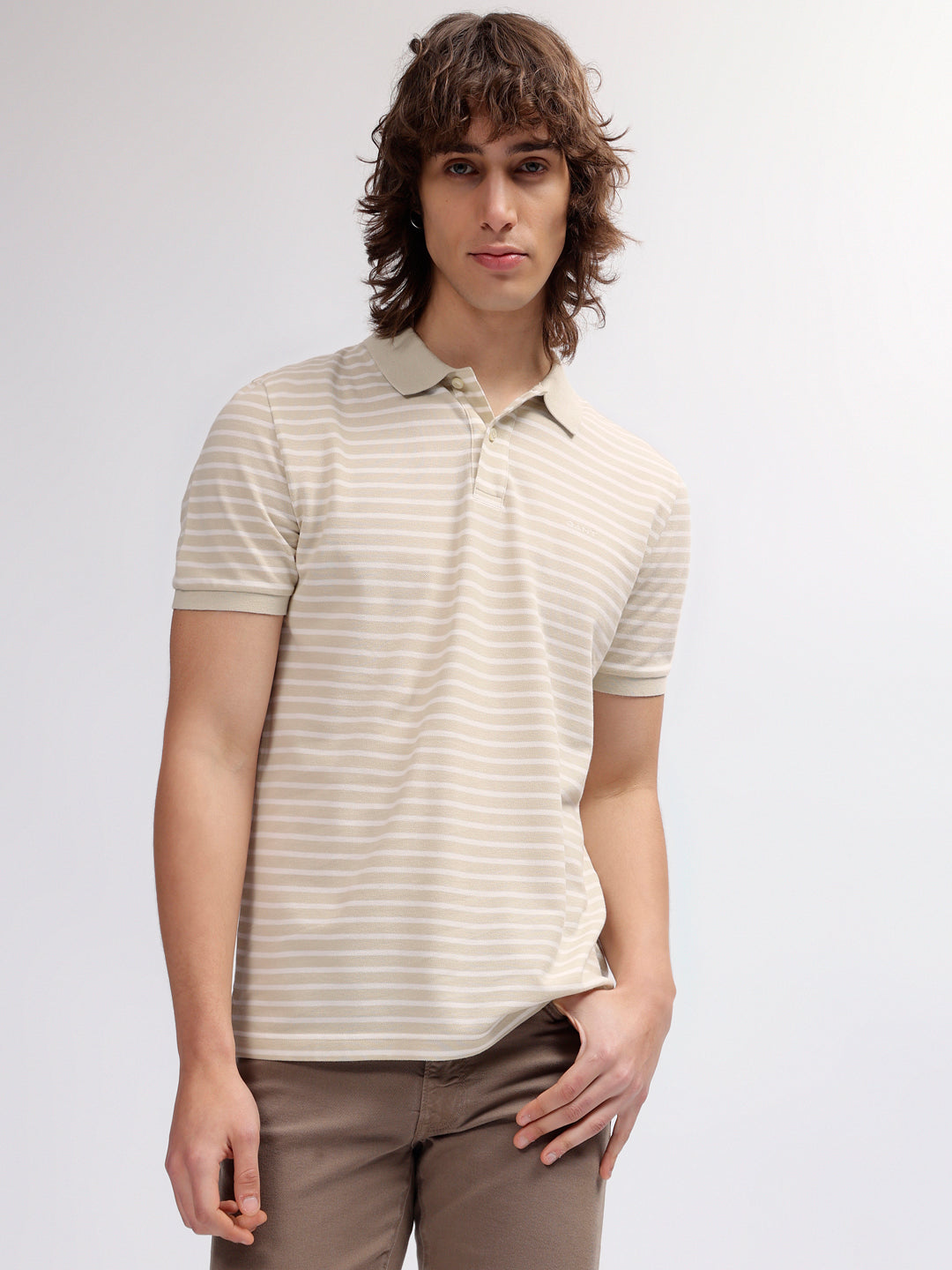 Gant Men Beige Striped Polo Collar Short Sleeves T-shirt