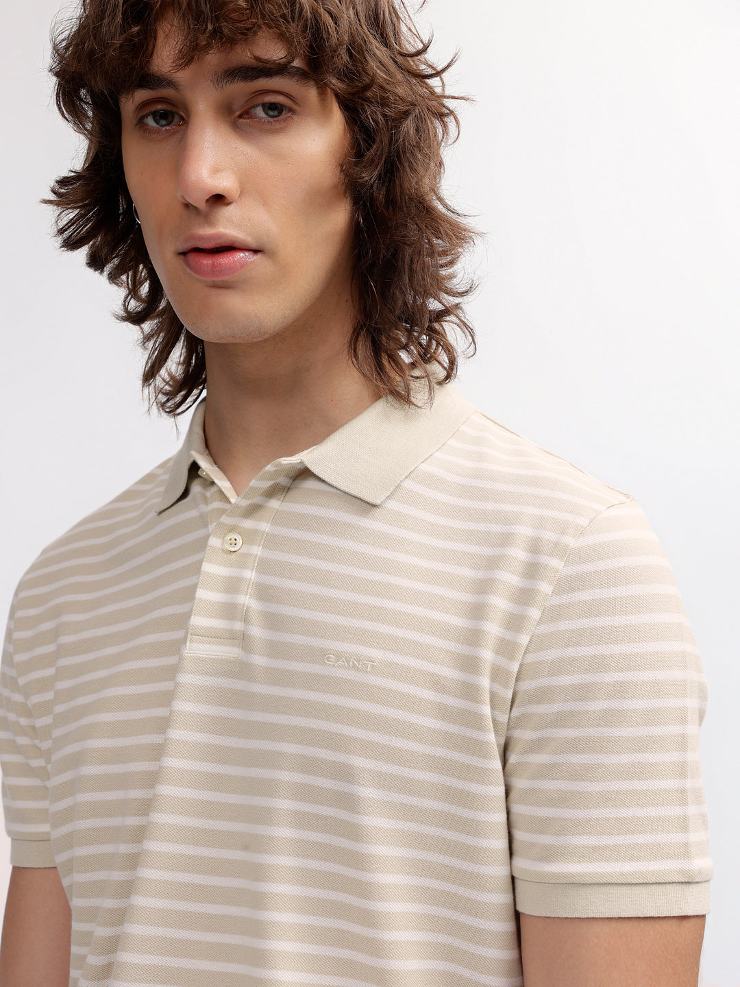 Gant Men Beige Striped Polo Collar Short Sleeves T-shirt