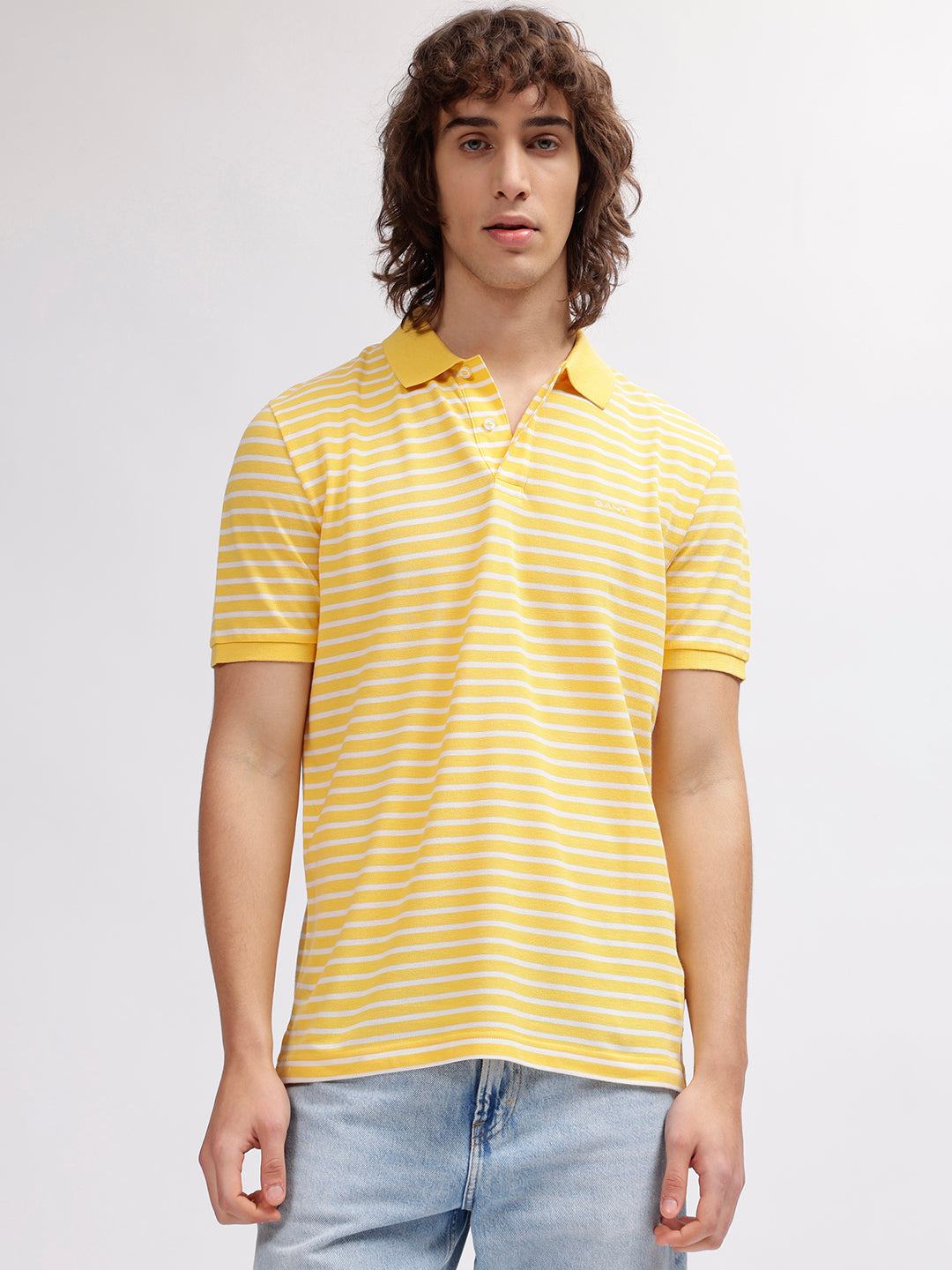 Gant Men Yellow Striped Polo Collar Short Sleeves T-shirt