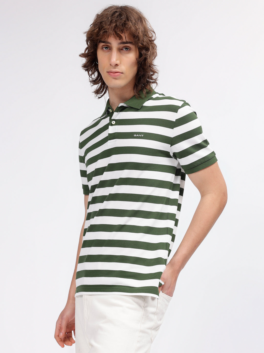 Gant Men Green Striped Polo Collar Short Sleeves T-shirt