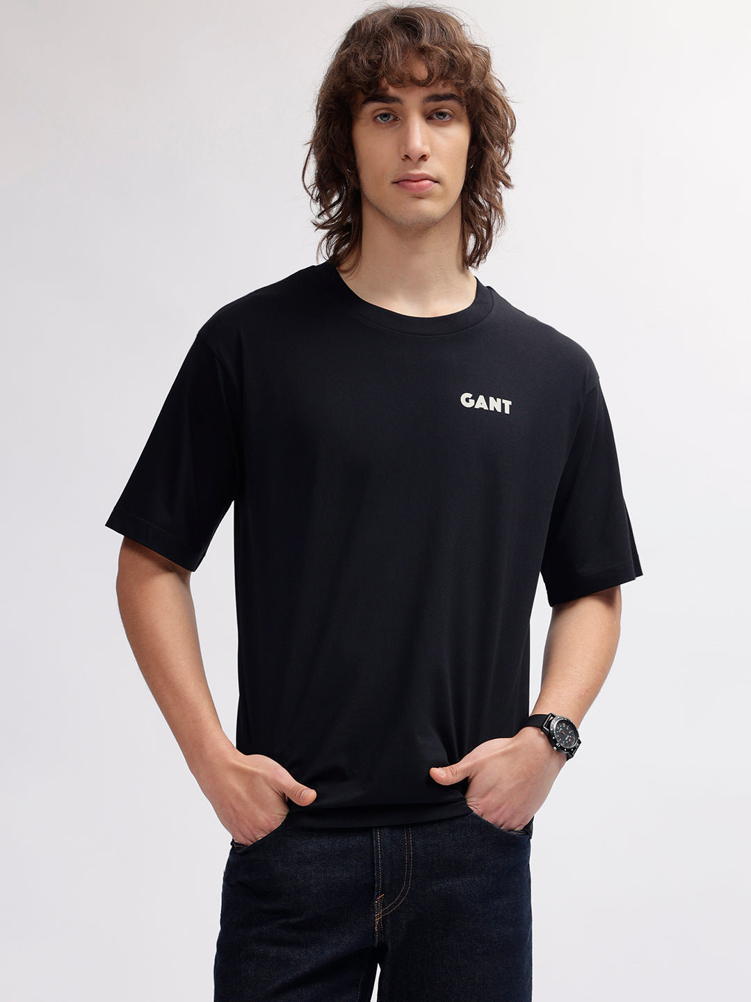 Gant Men Black Solid Round Neck Short Sleeves T-shirt