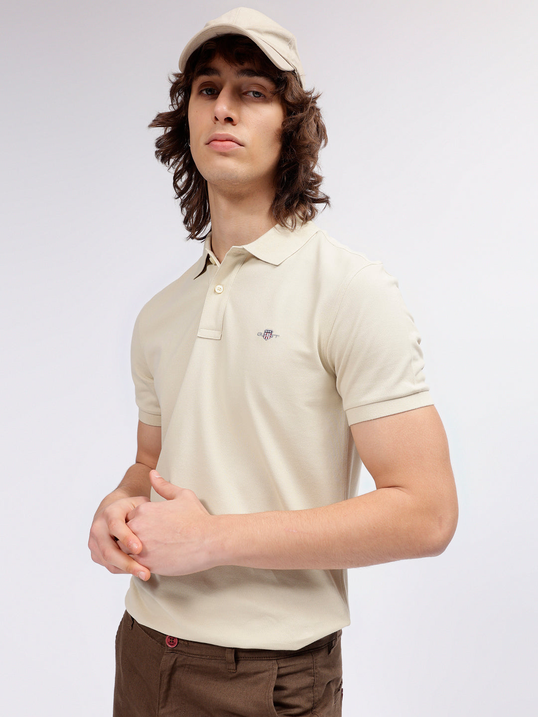 Gant Men Beige Solid Polo Collar Short Sleeves T-shirt