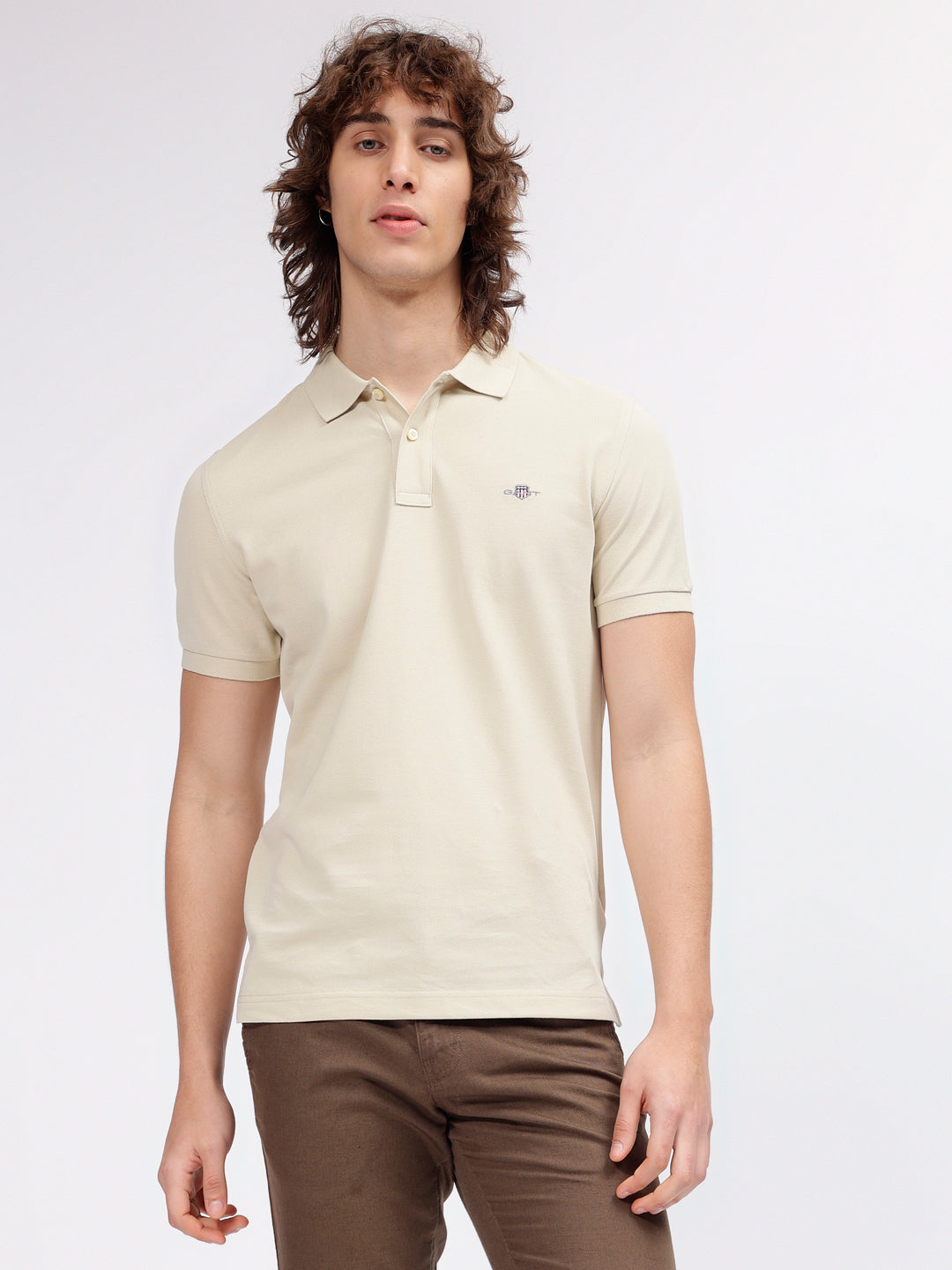 Gant Men Beige Solid Polo Collar Short Sleeves T-shirt