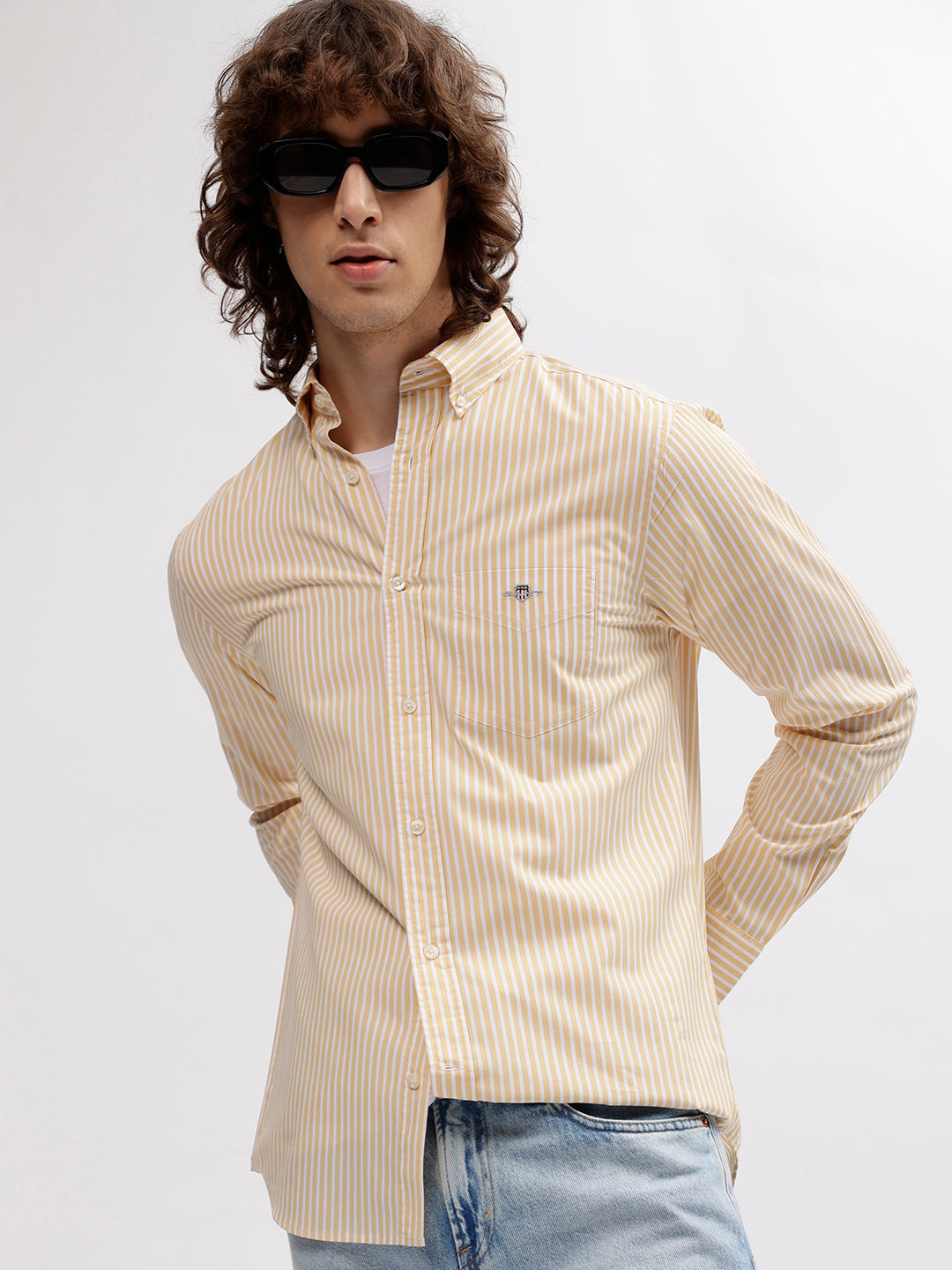 Gant Men Yellow Striped Regular fit Button Down Collar Full Sleeves Shirt