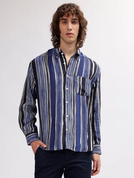 Gant Men Blue Striped Button Down Collar Full Sleeves Shirt