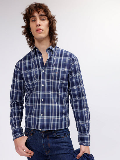 Gant Men Blue Checked Button-down Collar Long Sleeves Shirt