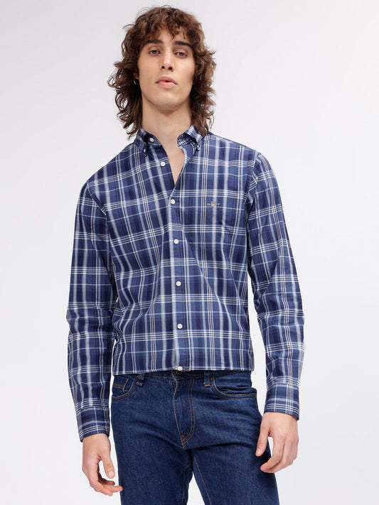 Gant Men Blue Checked Button-down Collar Long Sleeves Shirt