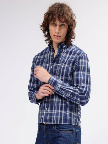 Gant Men Blue Checked Button-down Collar Long Sleeves Shirt