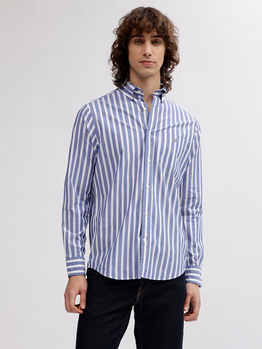 Gant Men Blue Striped Button Down Collar Full Sleeves Shirt