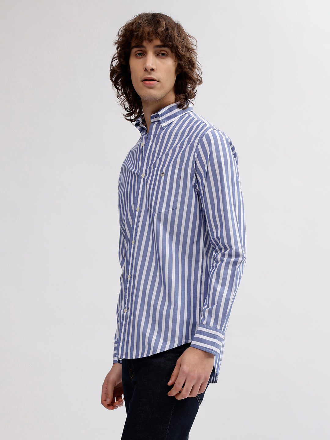 Gant Men Blue Striped Button Down Collar Full Sleeves Shirt