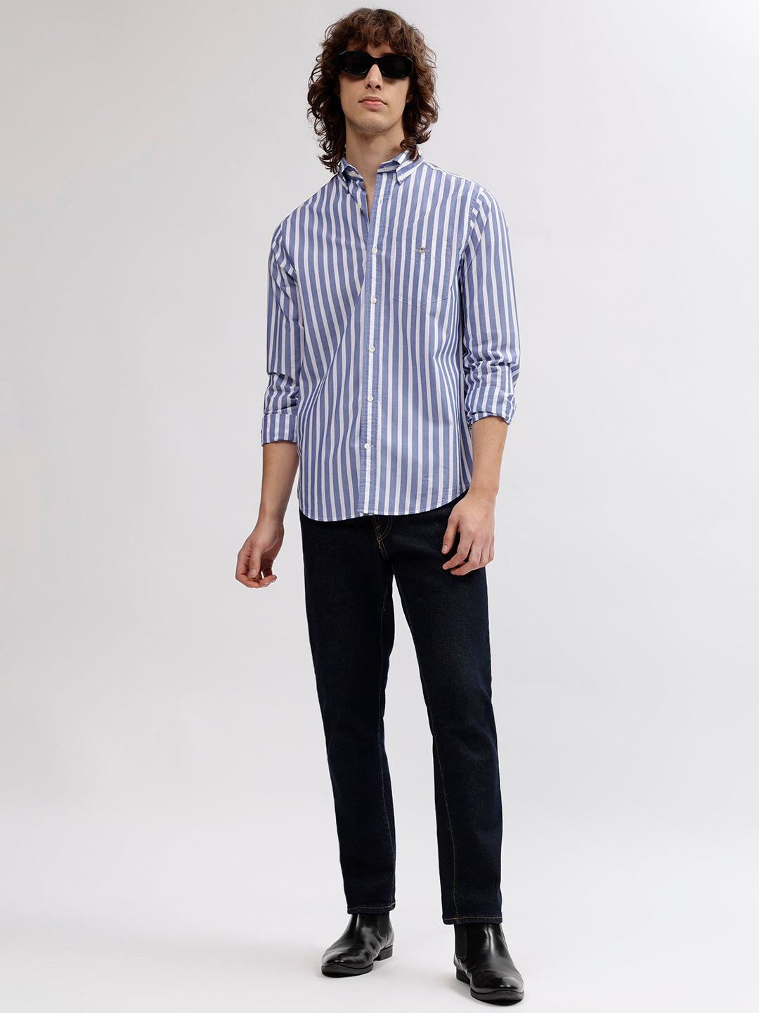 Gant Men Blue Striped Button Down Collar Full Sleeves Shirt