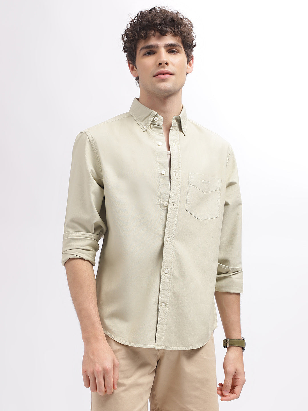 Gant Men Beige Solid Button Down Collar Full Sleeves Shirt