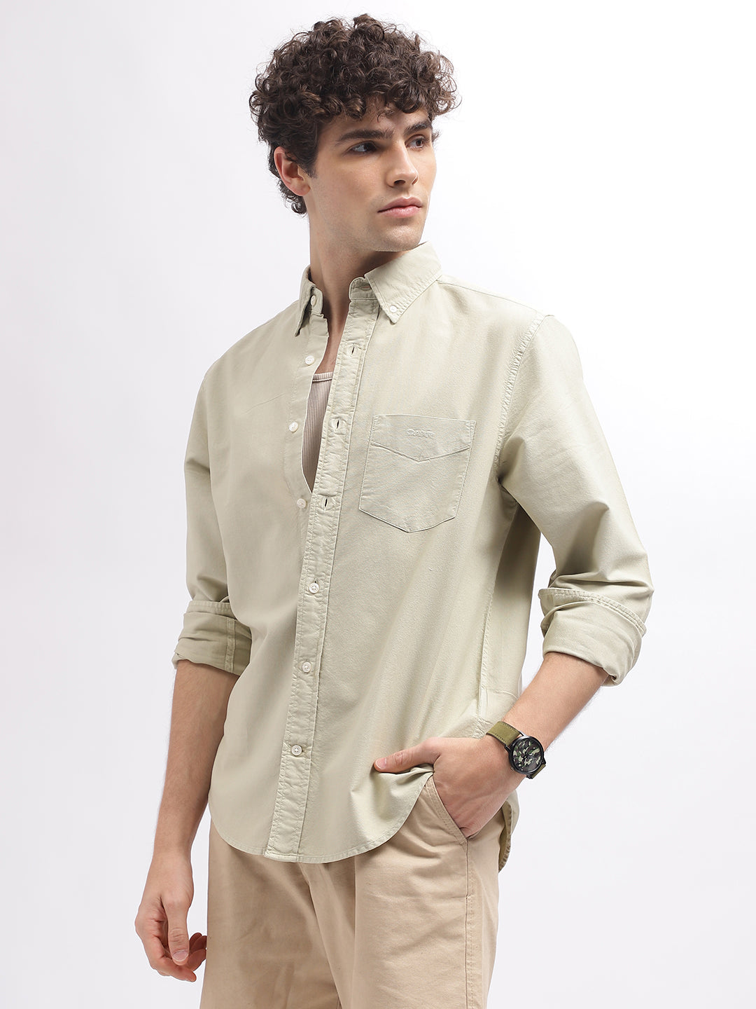 Gant Men Beige Solid Button Down Collar Full Sleeves Shirt