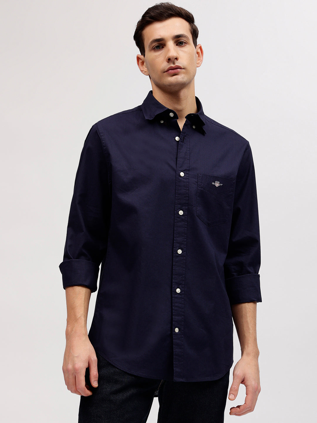 Gant Men Blue Solid Button-down Collar Full Sleeves Linen Shirt