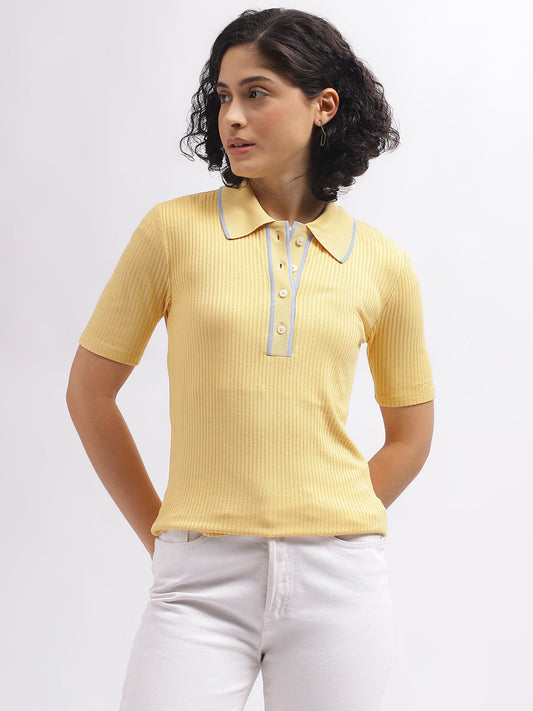 Gant Women Yellow Solid Polo Collar Short Sleeves T-Shirt