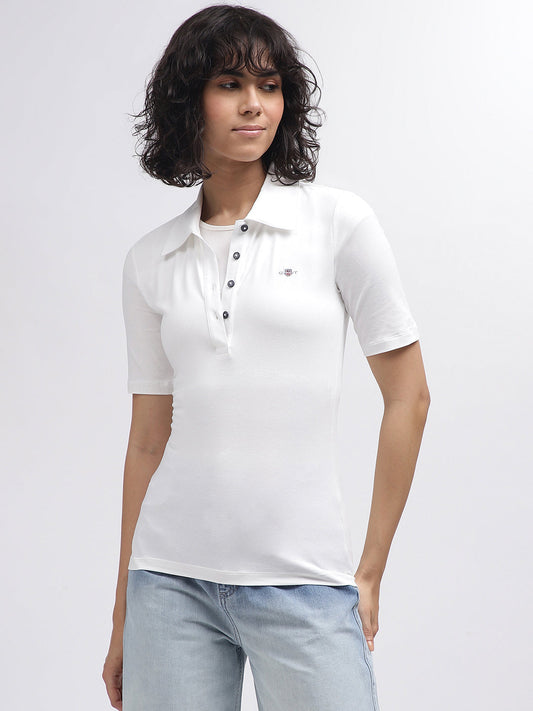 Gant Women White Solid Polo Collar Short Sleeves T-Shirt