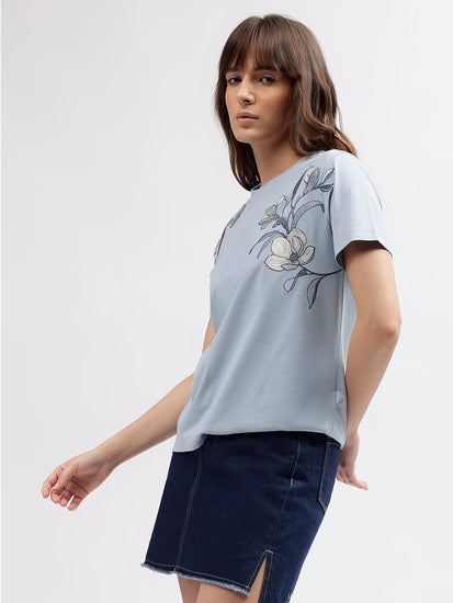 Gant Women Blue Embroidered Round Neck Short Sleeves T-shirt