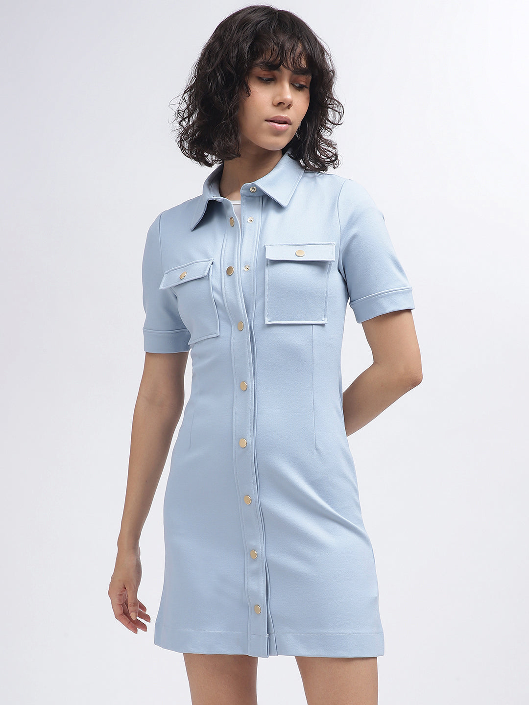 Gant Women Blue Solid Spread Collar Short Sleeves Dress