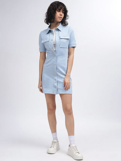 Gant Women Blue Solid Spread Collar Short Sleeves Dress