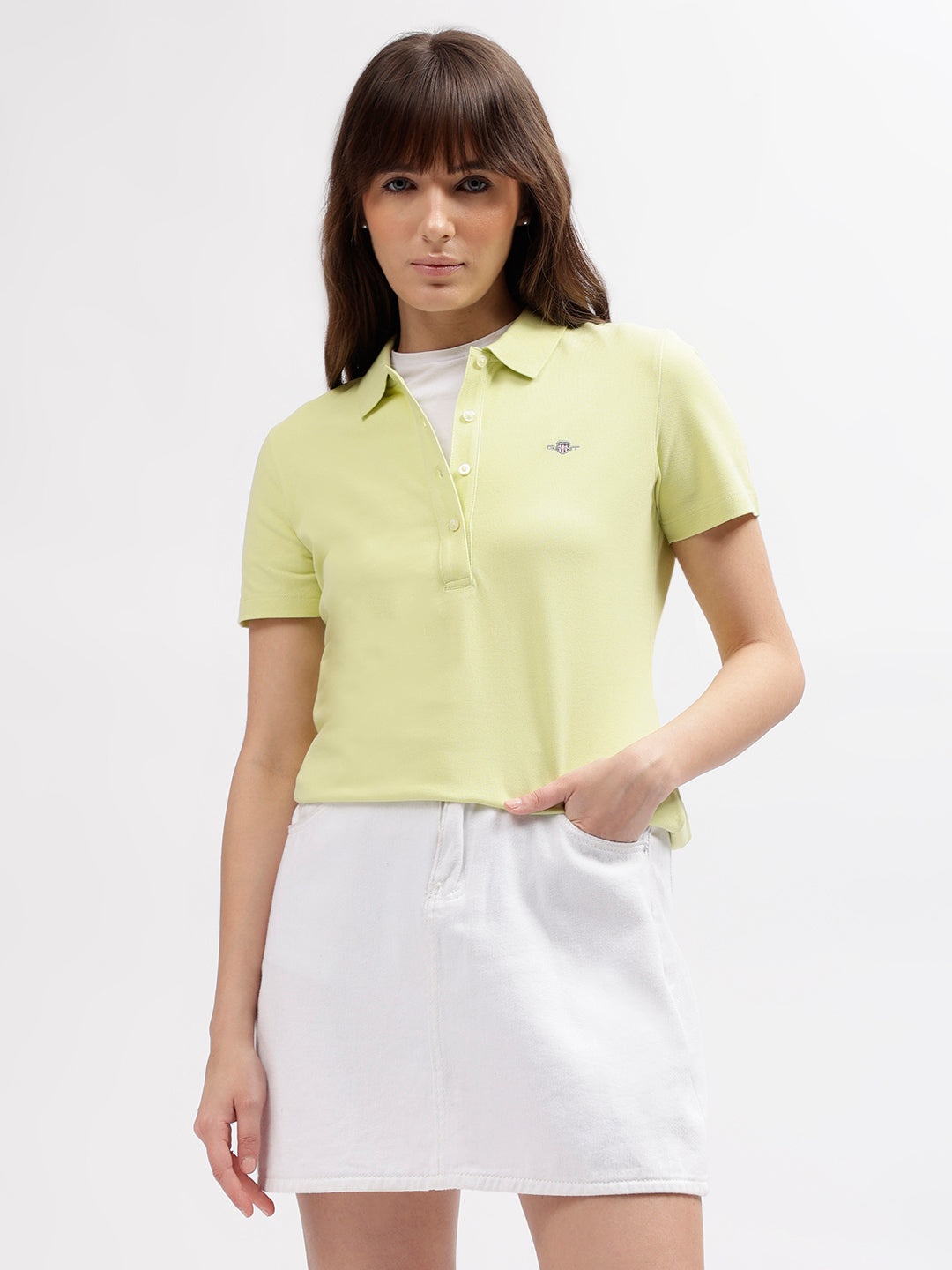 Gant Women Green Solid Polo Collar Short Sleeves T-shirt