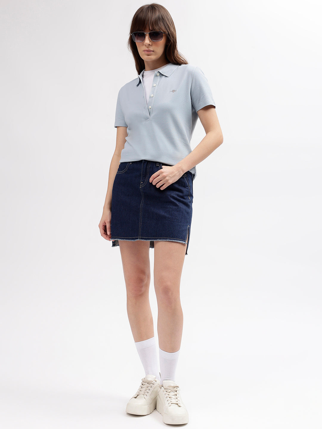 Gant Women Blue Solid Polo Collar Short Sleeves T-shirt