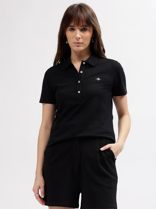 Gant Women Black Solid Polo Collar Short Sleeves T-shirt