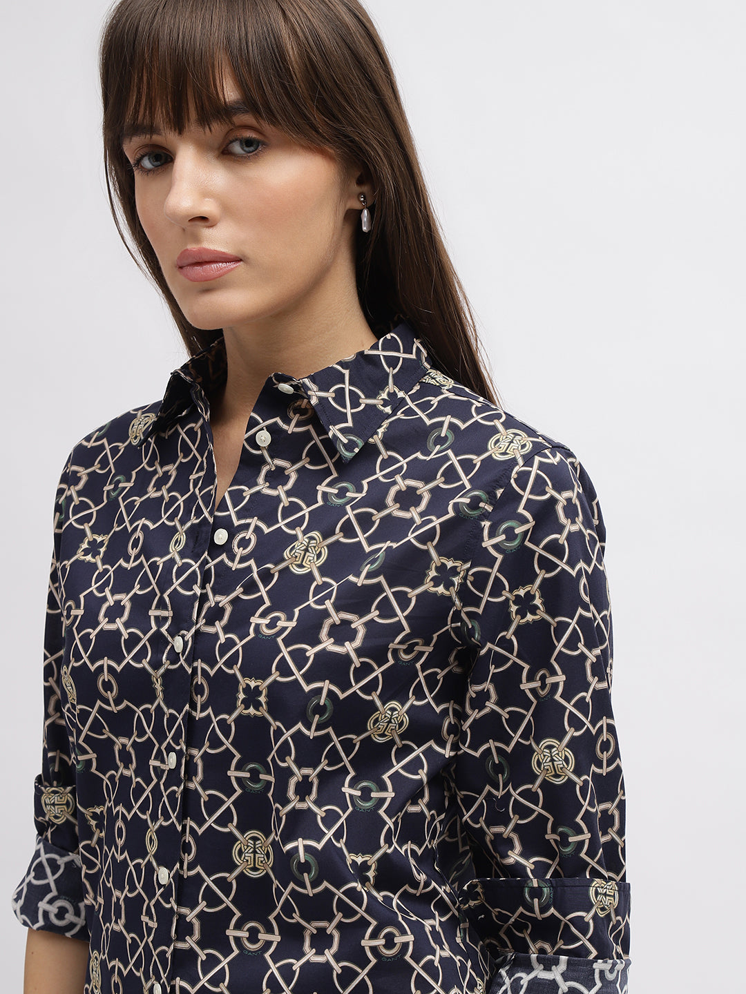 Gant Women Navy Blue Printed Spread Collar Full Sleeves Shirt