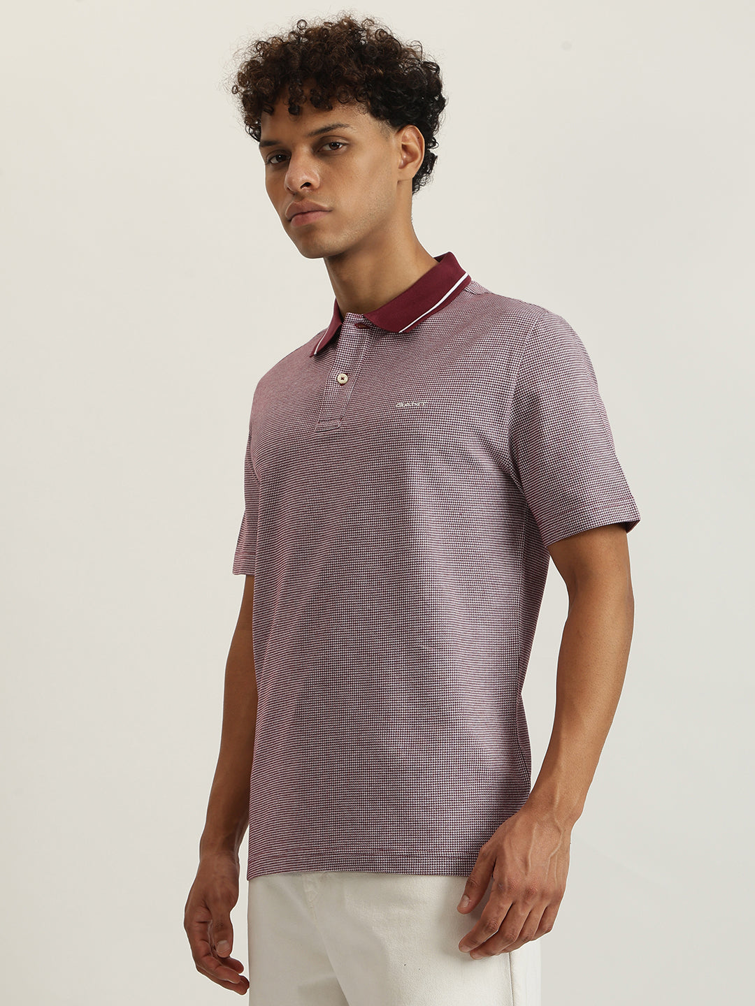 Gant Men Wine Red Self Design Collared Short Sleeves Polo T-Shirt