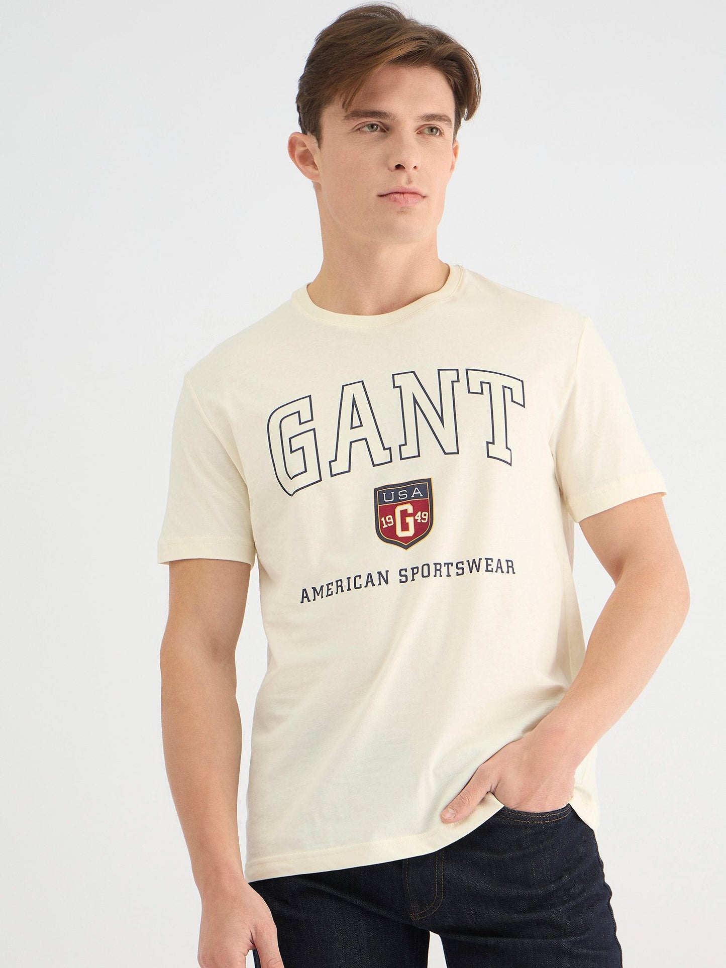 Gant Men Cream Regular Fit Solid Crew Neck Tshirt
