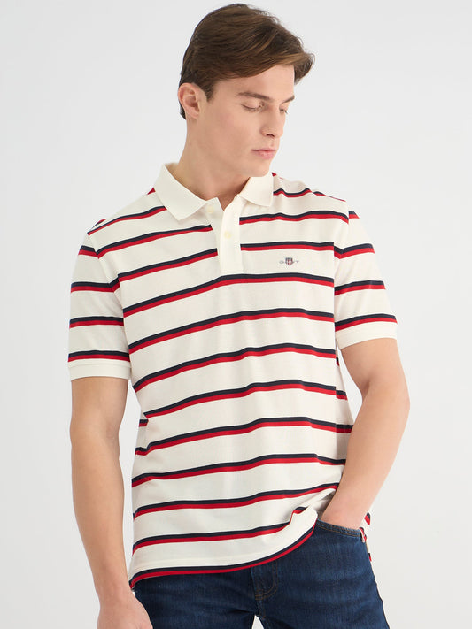 Gant Men White Regular Fit Striped Polo Tshirt