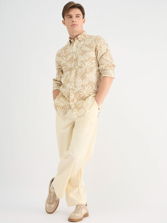 Gant Men Beige Regular Fit Checked Linen Shirt