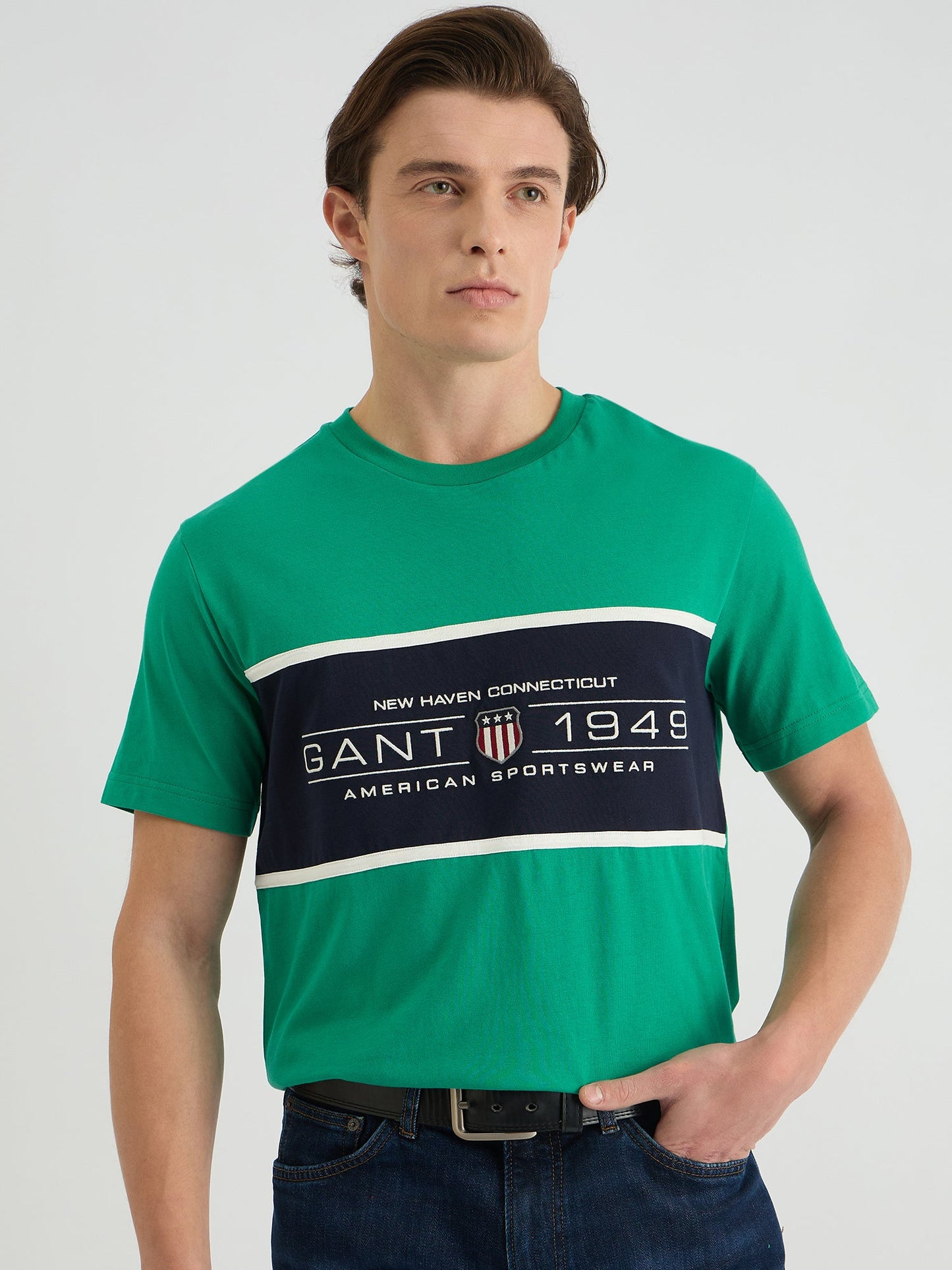 Gant Men Green Regular Fit Color Block Crew Neck Tshirt