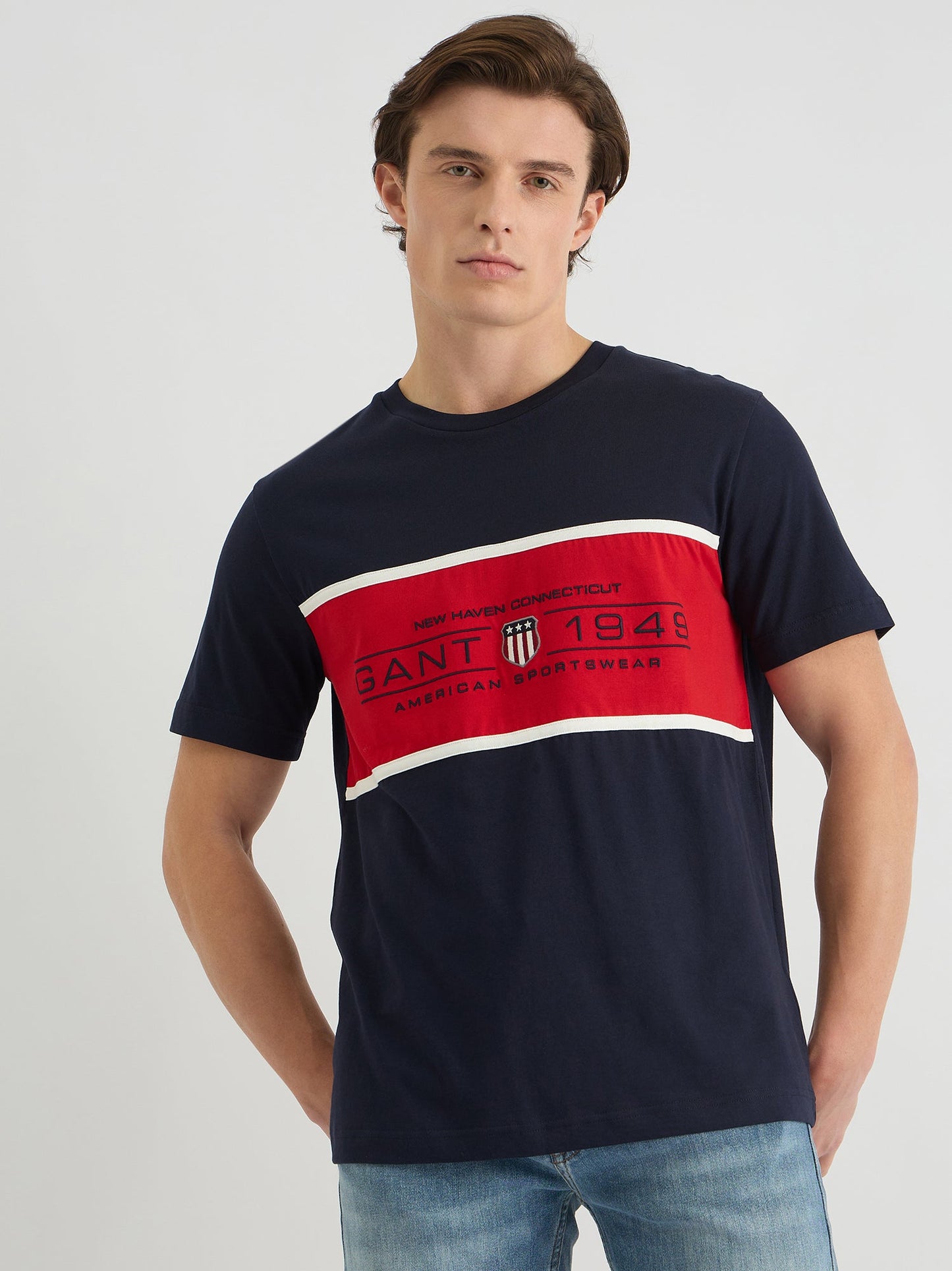 Gant Men Blue Regular Fit Color Block Crew Neck Tshirt