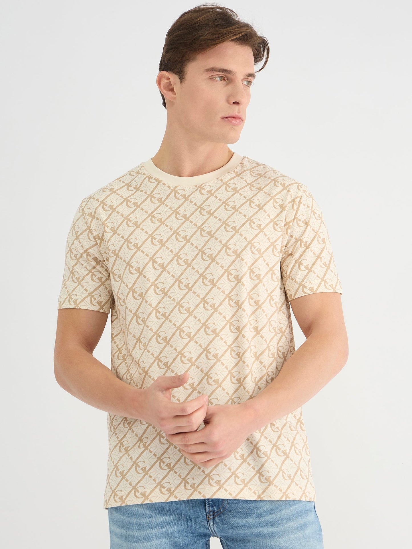 Gant Men Cream Regular Fit Printed Crew Neck Tshirt