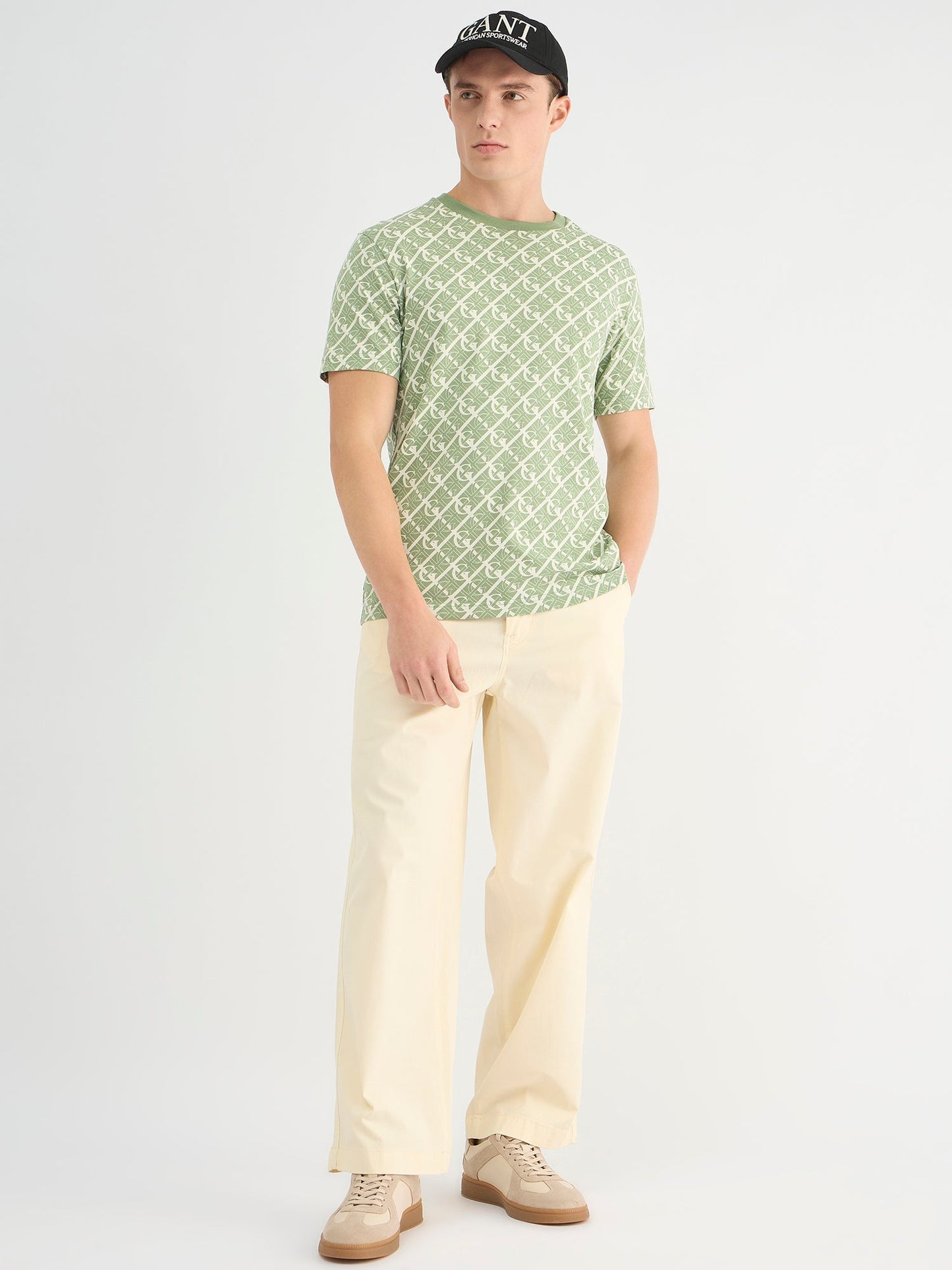 Gant Men Green Regular Fit Printed Crew Neck Tshirt